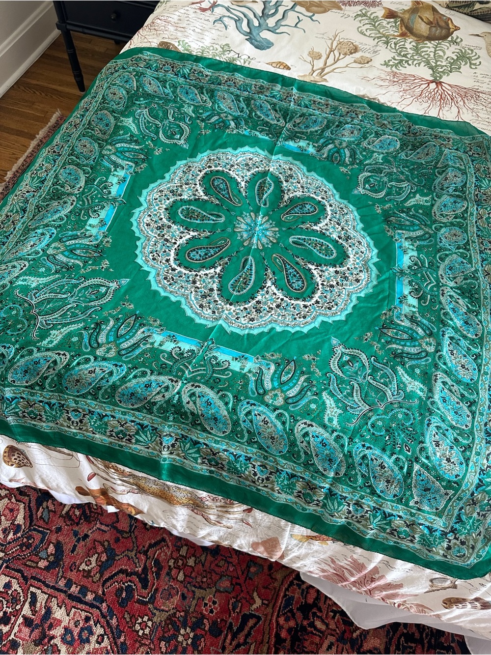 Green Paisley Silk-Feel Scarf Wrap